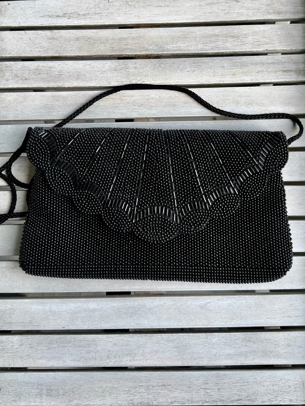 Vintage Beaded Front & Back Black Scalloped Crossbody Shoulder Evening Bag Purse